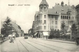 Szeged, Corsó kávéház, villamos; Grünwald Herman kiadása