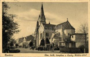 Munkács, Római katolikus templom, Horthy Miklós út / Roman Catholic church, street, bus, automobile