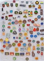 130db vegyes külföldi szocialista jelvény és kitűző tablóra tűzve, közte zománcozottak is T:vegyes 130pcs of mixed socialist badges and pins on tableau, with enamelled pcs C:mixed