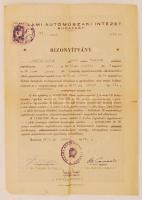 1950 Bp., Az Állami Autóműszaki Intézet által kiállított bizonyítvány okmánybélyeggel