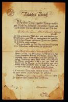 1849 Bürger Brief. Eskütétel szövegével kiegészített díszpolgárrá avatás oklevele, amelyet Albert Eduard Ludwig Guth király iránti hűségével érdemelt ki 1849-ben, Berlinben. Berlin száraz pecsétjeivel. A hajtás mentén szakadt. 37,5x24cm