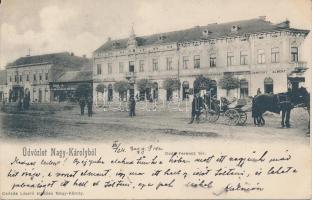 Nagykároly, Deák Ferenc tér, üzletek; Csókás László kiadása / Deák street, shops