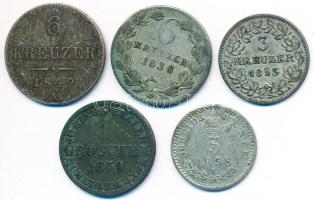 Vegyes: Német Államok/Baden 1836. 6Kr Ag "I. Lipót" + 1853. 3Kr Ag + Hannover 1859B 1Gr Ag + Ausztria 1849A 6Kr Ag + 1858A 5Kr Ag "Ferenc József" T:2-,3,3- Mixed: German States/Baden 1836. 6 Kreuzer Ag "Leopold I" + 1853. 3 Kreuzer Ag + Hannover 1859B 1 Groschen Ag + Austria 1849A 6 Kreuzer Ag + 1858A 5 Kreuzer Ag "Franz Joseph" C:VF,F,VG