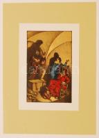 Divéky József (1887-1951): Szellemidézés, színes litográfia, papír, jelzett a nyomaton, 16×10 cm