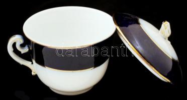 Fischer Emil aranyozott kék-fehér teáscsésze tetővel, kopásnyomokkal, hibátlan, m: 12 cm, d: 10 cm