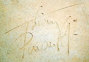 Nagyméretű kerámia vizeskancsó, kézzel festett, jelzett, d: 11-15 cm, m: 21,5 cm