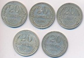 Szovjetunió 1925-1928. 20k Ag (5x) T:2,2- Soviet Union 1925-1928. 20 Kopeks Ag (5x) C:XF,VF