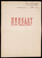 1956 Mező Ferenc olimpiai bajnok, sporttörténész üdvözlő sorai és aláírása az általa írt Hungary and the Olympic Games c. ismertető kiadványon