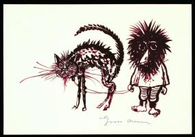 Gross Arnold aláírása saját tusrajzáról (Macskajaj) készült nyomaton