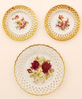 Victoria csehszlovák virágmintás áttört fali tál, 3 db, matricás, hibátlan, jelzett, d: 12 cm, 18 cm