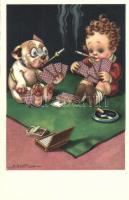 Bonzo dog and boy smoking cigarette, playing card s: Bertiglia