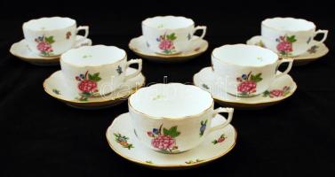 6 db Eton mintás Herendi porcelán csésze + csészealjak, kézzel festett, jelzett, apró kopásnyomokkal, d: 9 ill. 14 cm