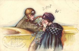 Automobile, Italian Art Deco postcard; Anna & Gasparini No. 615-4 (Péczeli Izraelita Hitközség pecséttel)