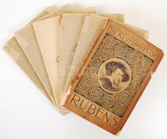 6 db régi művészettörténeti könyv, a Weichers Kunstbücher sorozat füzetei: Die Mesiterbilder von Tizian (Leipzig, 1907); Die Mesiterbilder von Velazquez (Leipzig, 1907); Die Mesiterbilder von Correggio (Leipzig, 1908); Die Mesiterbilder von Veronese (Leipzig, 1908); Die Meisterbilder von Michelangelo (Berlin, 1909) + The Masterpieces of Rubens (London - Glasgow, 1907 [Gowans's Art Books No. 1.]). Sok fekete.fehér képpel. Papírkötésben, selyempapír védőtokban, kötetenként változó állapotban