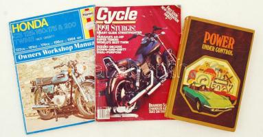 Autós-motoros könyv tétel: Power under control. Toronto, 1973, Ministry of Transportation and Communications Ontario. Kartonált papírkötésben, jó állapotban.; Clew, Jeff: Honda Twins Owners Workshop Manual. Sparkford, 1975, J. H. Haynes and Co. Papírkötésben, jó állapotban.; + motoros folyóirat: Cycle, Vol. 41., September 1990, No. 9.
