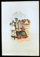Olvashatatlan jelzéssel: Fiatal pár népviseletben.  Litográfia, papír, jelzett, 30x43 cm