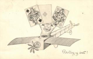 New Year, playing card, plane, pig, H.H.i.W. Nr. 832-2.