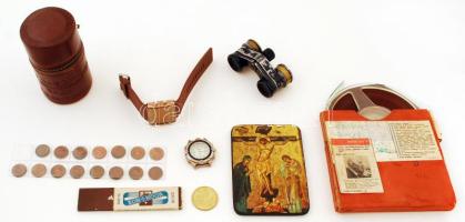 Vegyes tétel: LED kijelzős karóra, férfi quartz óra, színházi látcső, szentkép, grafitbetét, régi hangszalag, stb.