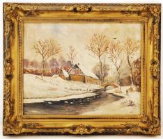 Olvashatatlan jelzéssel: Téli faluvég. Olaj, vászon, antik keretben, 40×50 cm