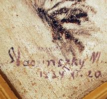 Olvashatatlan jelzéssel: Téli faluvég. Olaj, vászon, antik keretben, 40×50 cm