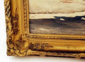 Olvashatatlan jelzéssel: Téli faluvég. Olaj, vászon, antik keretben, 40×50 cm