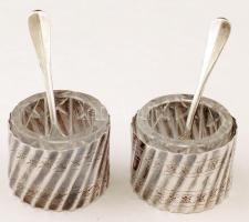 Ezüst(Ag) fűszertartó ezüst (Ag) kanalakkal, jelzett, üveg betétekkel, egyik sérült, 50,7 g