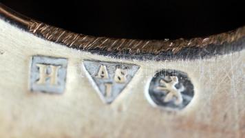 Ezüst(Ag) fűszertartó ezüst (Ag) kanalakkal, jelzett, üveg betétekkel, egyik sérült, 50,7 g