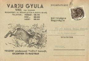 Varju Gyula vad-nagykereskedő, Budapest IX. Ráday utca 4. / Hungarian venison shop advertisement
