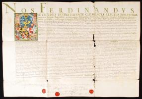 1775 II. Ferdinánd (1578-1637) magyar király 1629. évi, Orthwein János valamint lánya, Anna és testvére, Márton részére tett címer- és nemességadományának 1775. évi hiteles másolata, papíron, az oklevél elején megfestett címerképpel, hitelesítési záradékkal: Veszprém vármegye főszolgabírójának és két esküdtjének az aláírásával és rányomott viaszpecsétjeikkel. A hajtások mentén szakadozott.