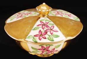 Barna Erzsébet jelzésű virágmintás porcelán cukortartó, hibátlan, jelzett, kopásnyomokkal, d: 12 cm, m: 8 cm