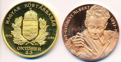 2db klf emlékérem: Bognár György (1944-) 1989. "1956-1989 Magyar Köztársaság" aranyozott emlékérem (42,5mm) + Renner Kálmán (1927-1994) 1993. "Szent-Györgyi Albert 1893-1986 / A Nobel-díjas orvos-tanár emlékének, MÉE Szeged" aranyozott emlékérem (42,5mm) T:PP