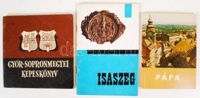 3 db ismeretterjesztő könyvecske-Tihanyi László: Isaszeg(történeti áttekintés). Isaszeg, 1966.; Szitnyai Jenő(szerk.): Győr-Moson-Sopron megyei képeskönyv; Pápa, Útikalauz. 1967, Veszprém Megyei Tanács Idegenforgalmi Hivatala. Kiadói papírkötés, jó állapotban.