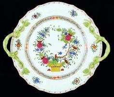 Herendi India kosár mintás füles tányér, kézzel festett, jelzett, hibátlan, 30,5×28 cm,