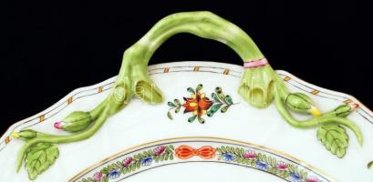 Herendi India kosár mintás füles tányér, kézzel festett, jelzett, hibátlan, 30,5×28 cm,