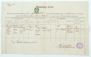 1894 A gödöllői izraelita hitközség által kiállított házasságlevél, az anyakönyvi hivatal pecsétjével, 50 kr okmánybélyeggel