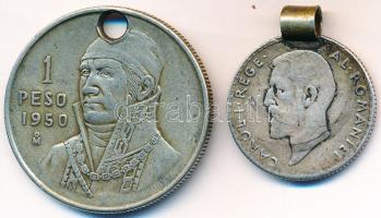 Vegyes: Románia 1912. 1L Ag "I. Károly" füllel + Mexikó 1950. 1P Ag lyukasztott T:2-,3 Mixed: Romania 1912. 1 Leu Ag "Carol I" with ear + Mexico 1950. 1 Peso Ag with hole C:VF,F