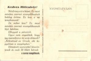 Csorna, Evangélikus templom, hátoldalán adakozási felhívással (fa)