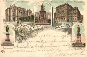 Budapest, Vigadó, Deák szobor, Tudományos Akadémia, Eötvös szobor, Petőfi szobor, litho