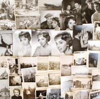 cca 1900-1950 Nagy fotó tétel: 123 db különféle fénykép vegyesen: családi fényképek, színházi műtermi fotók, sok német vonatkozású katonai fotó a II. világháború idejéből katonákról, a megszállt területekről (pl. Lengyelország, minszki botanikus kert), lebombázott épületekről, stb.; egy része a hátulján feliratozva, különböző formátumokban