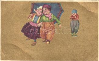 Gold Italian art postcard, children, Anna &amp; Gasparini 100-3. (EB)