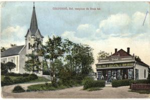 Csízfürdő, Református templom, Ilona-lak, Szoyka Pál kereskedése (saját kiadás) / Calvinist church, shop (Rb)