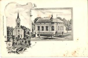 Salgótarján, Evangélikus templom és iskola, kiadja Friedler Arman, floral Art Nouveau s: Nógrádi Pál (fl)