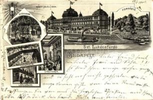 Budapest II. Szent Lukács fürdő, gyógyudvar, iszapfürdő, lépcsőház, gyógyterem, belső Art Nouveau litho
