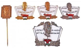 ~1975. "KISZ József Attila Olvasómozgalom" 5xklf jelvény és kitűző, főleg zománcozott T:2,2-