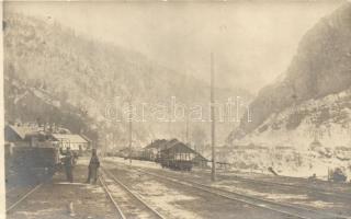 Military WWI Eastern Front (Carpathian mountains?) Feldbahnstation / railway station, photo