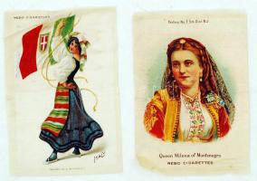 Nebo cigarettes selyem zászlók, 2db; Queen Milena of Montenegro, Olasz hölgy népviseleteben. 12x8cm