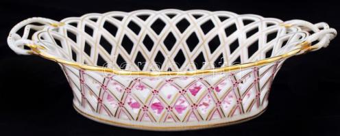 Herendi indiai kosár mintás áttört kosár, kézzel festett, jelzett, restaurált, m:8 cm, 22×35 cm