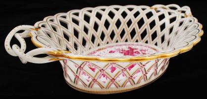 Herendi indiai kosár mintás áttört kosár, kézzel festett, jelzett, restaurált, m:8 cm, 22×35 cm