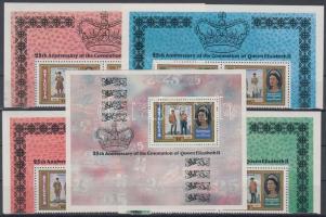 II. Erzsébet koronázásának 25. évfordulója sor 2 bélyeget tartalmazó ívdarabokban + blokk, 25th anniversary of Queen Elizabeth's coronation set + block