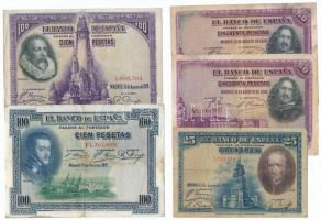 Spanyolország 1925-1935. 5P-100P 12db bankjegy T:III,III-
Spain 1925-1935. 5 Pesetas - 100 Pesetas 1...
